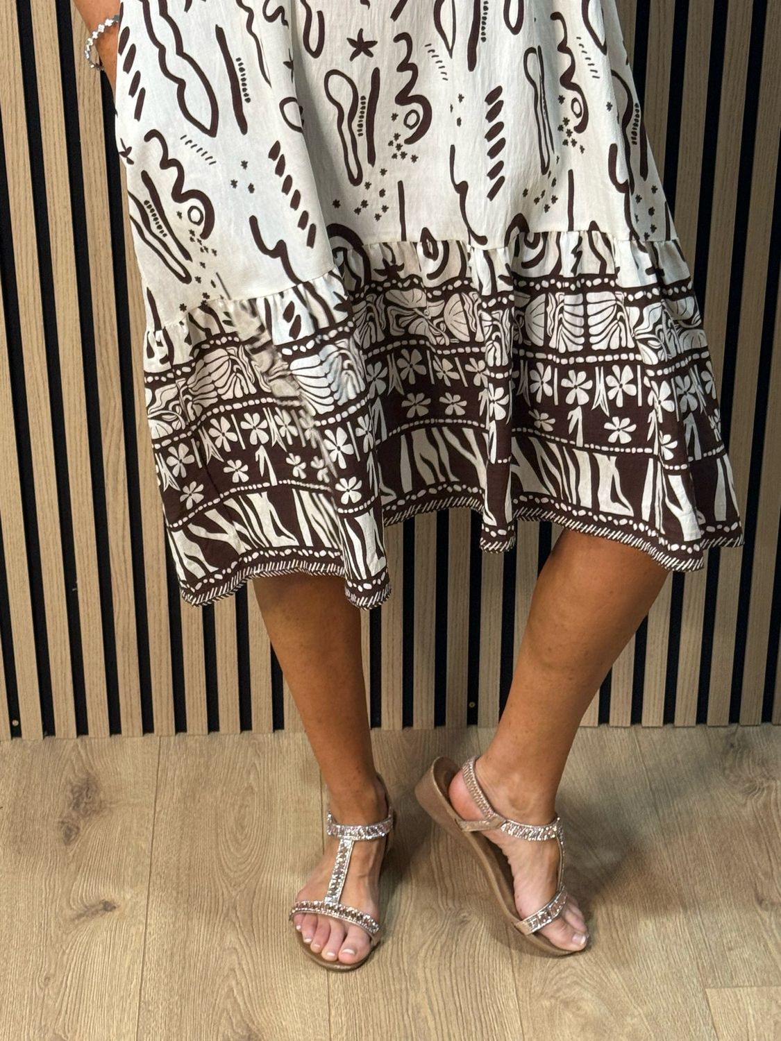 Abstract Print Swing Dress - Brown/Cream