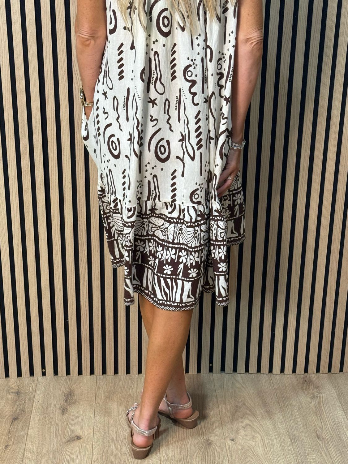 Abstract Print Swing Dress - Brown/Cream