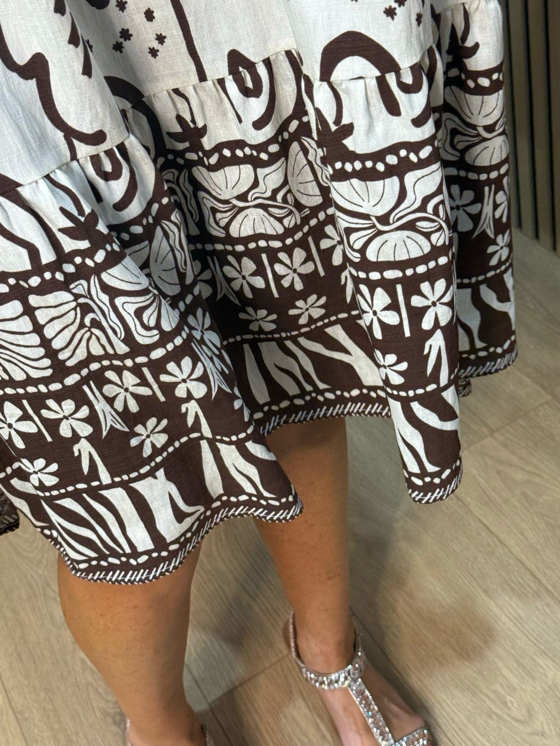 Abstract Print Swing Dress - Brown/Cream