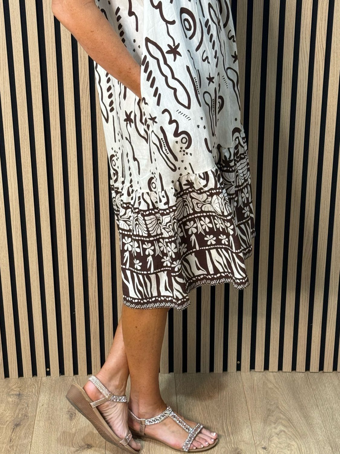 Abstract Print Swing Dress - Brown/Cream