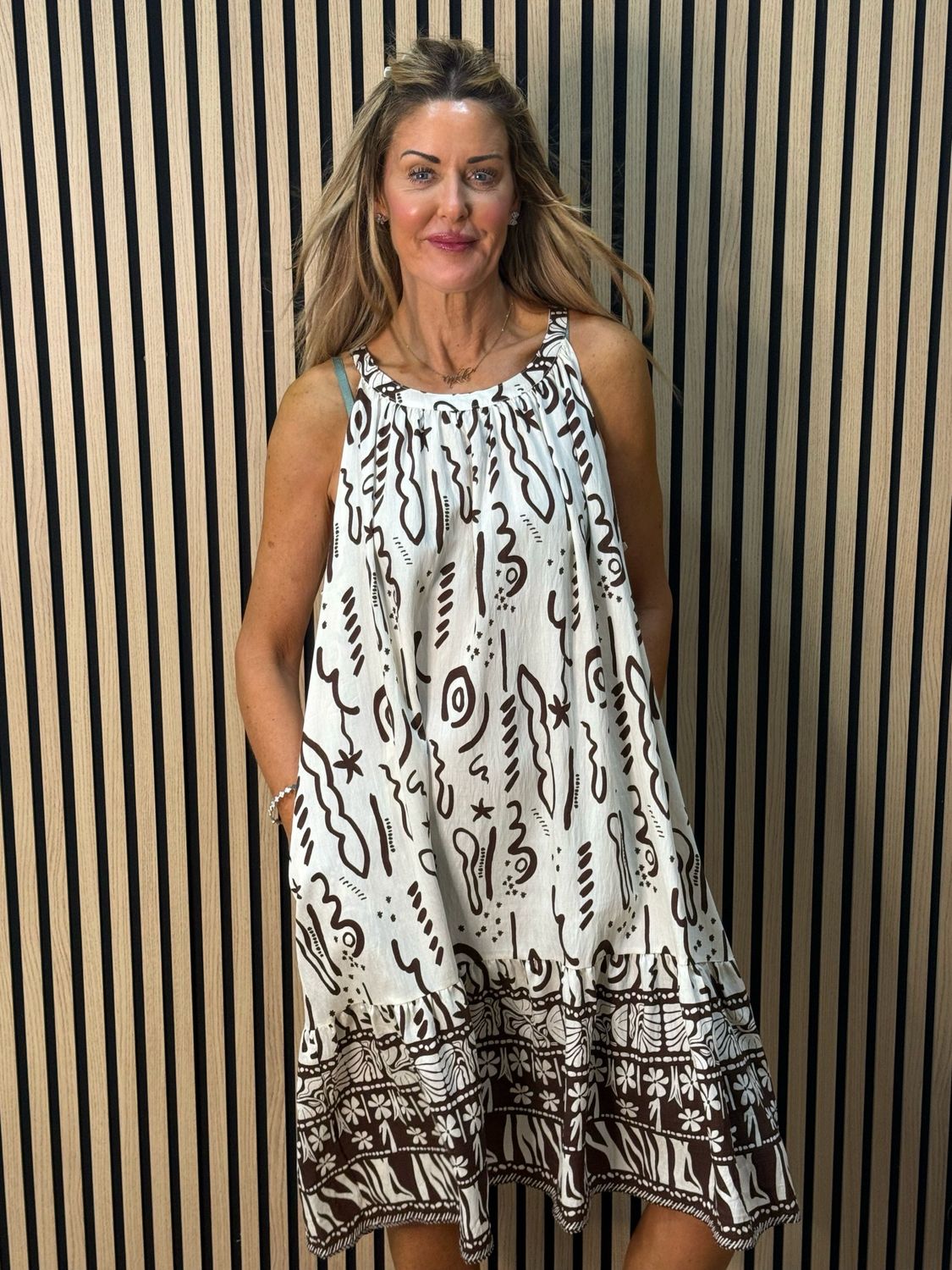 Abstract Print Swing Dress - Brown/Cream