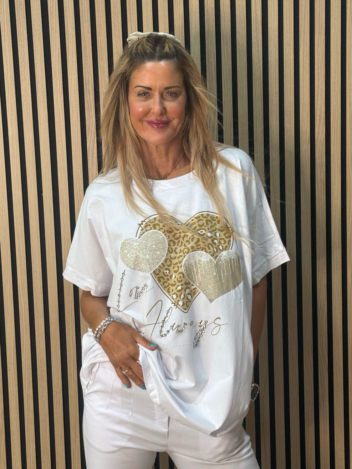 LOVE ALWAYS Embellished T Shirt - White/Gold