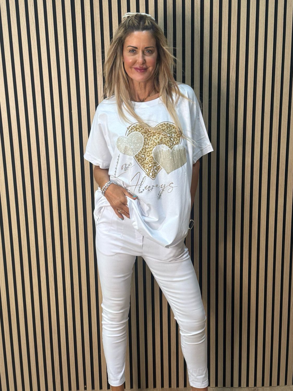 LOVE ALWAYS Embellished T Shirt - White/Gold