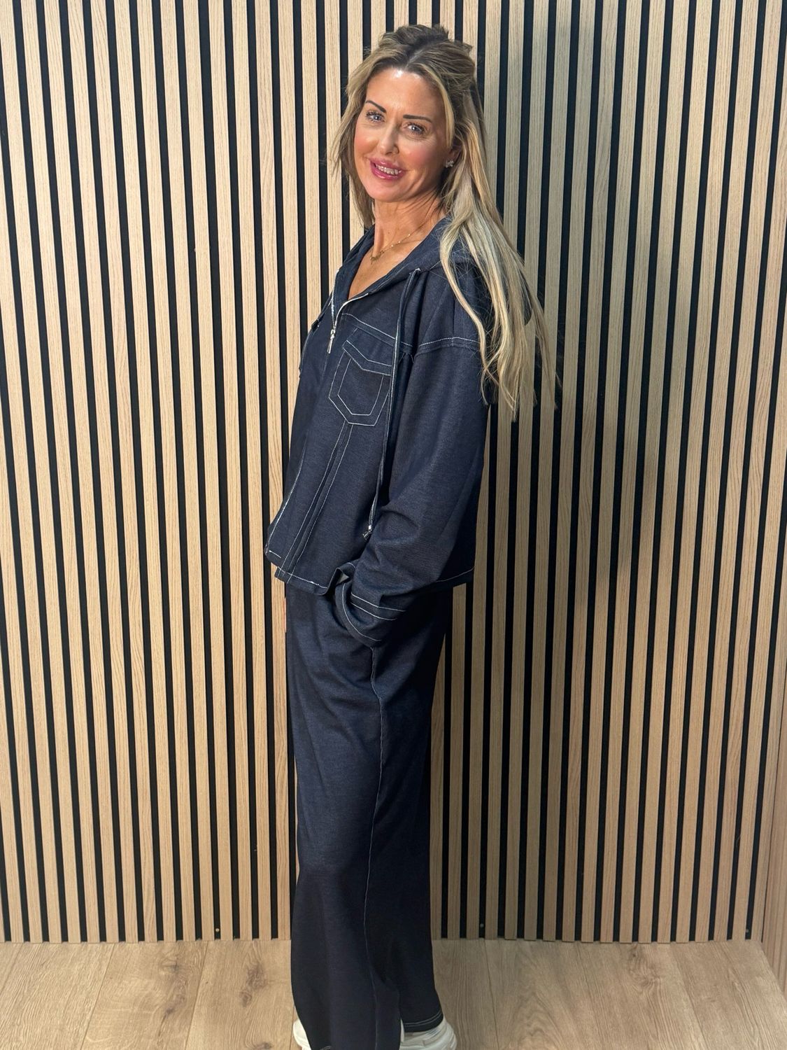 Contrast Stitch Zip Co-Ord Set - Denim Blue