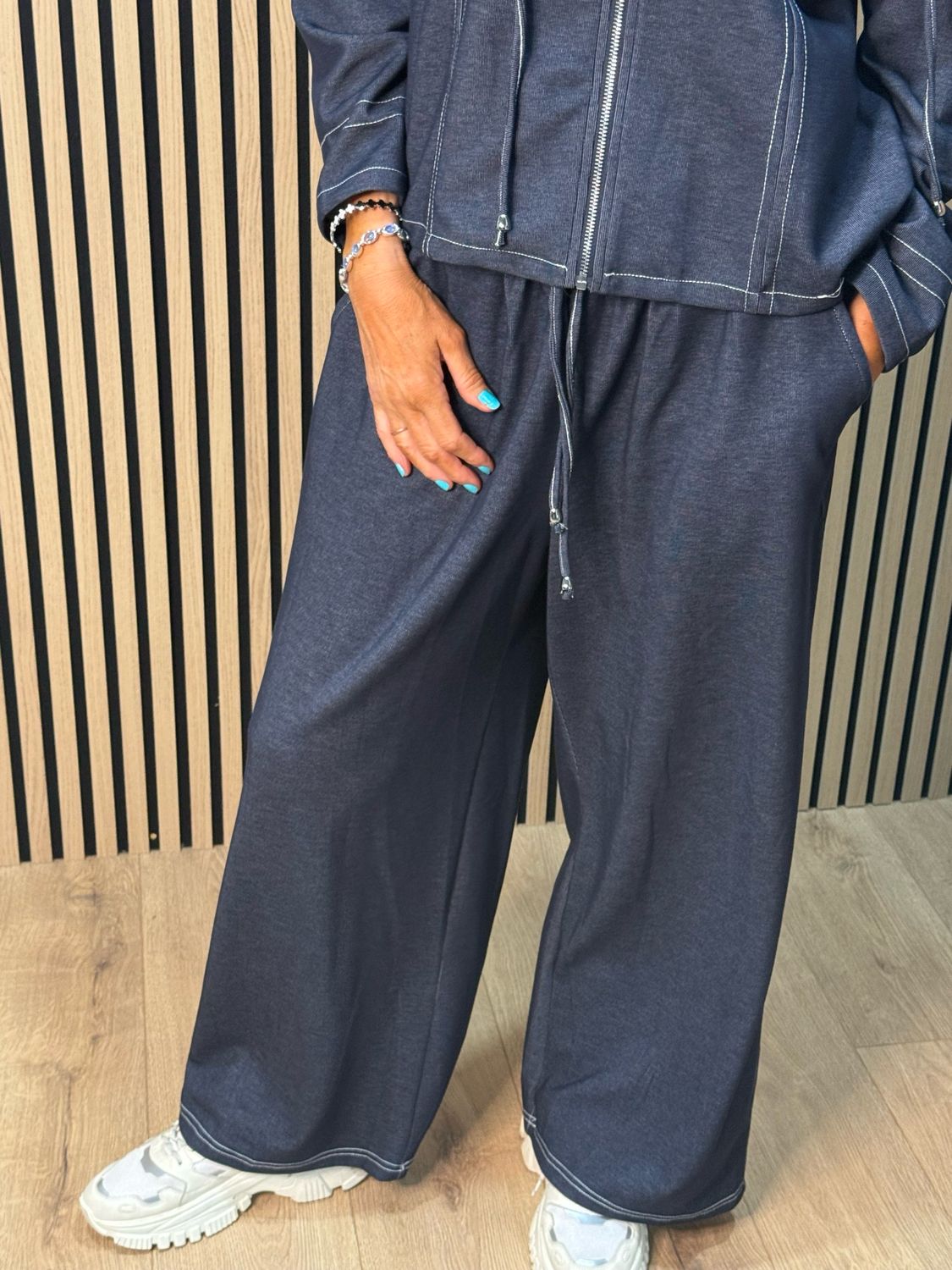 Contrast Stitch Zip Co-Ord Set - Denim Blue