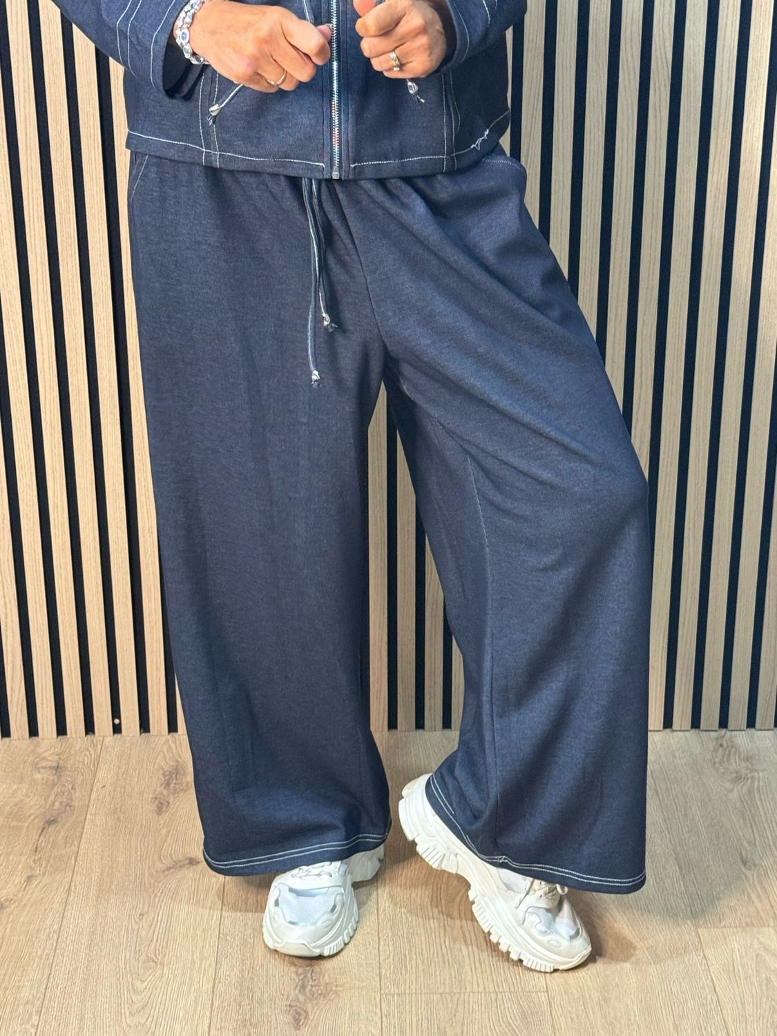 Contrast Stitch Zip Co-Ord Set - Denim Blue