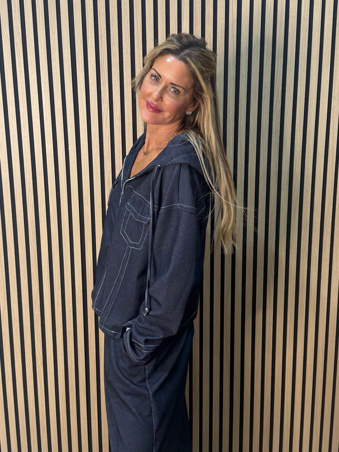 Contrast Stitch Zip Co-Ord Set - Denim Blue