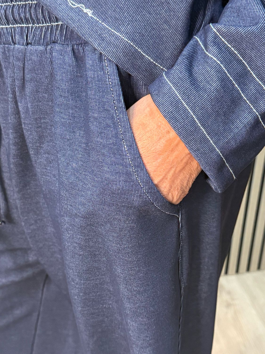 Contrast Stitch Zip Co-Ord Set - Denim Blue