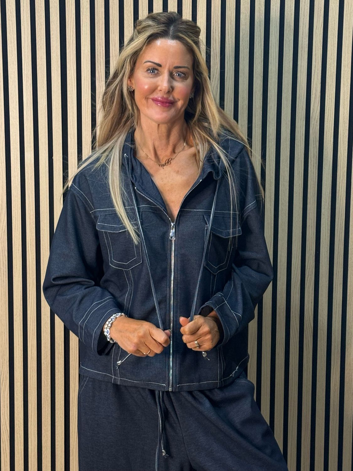 Contrast Stitch Zip Co-Ord Set - Denim Blue