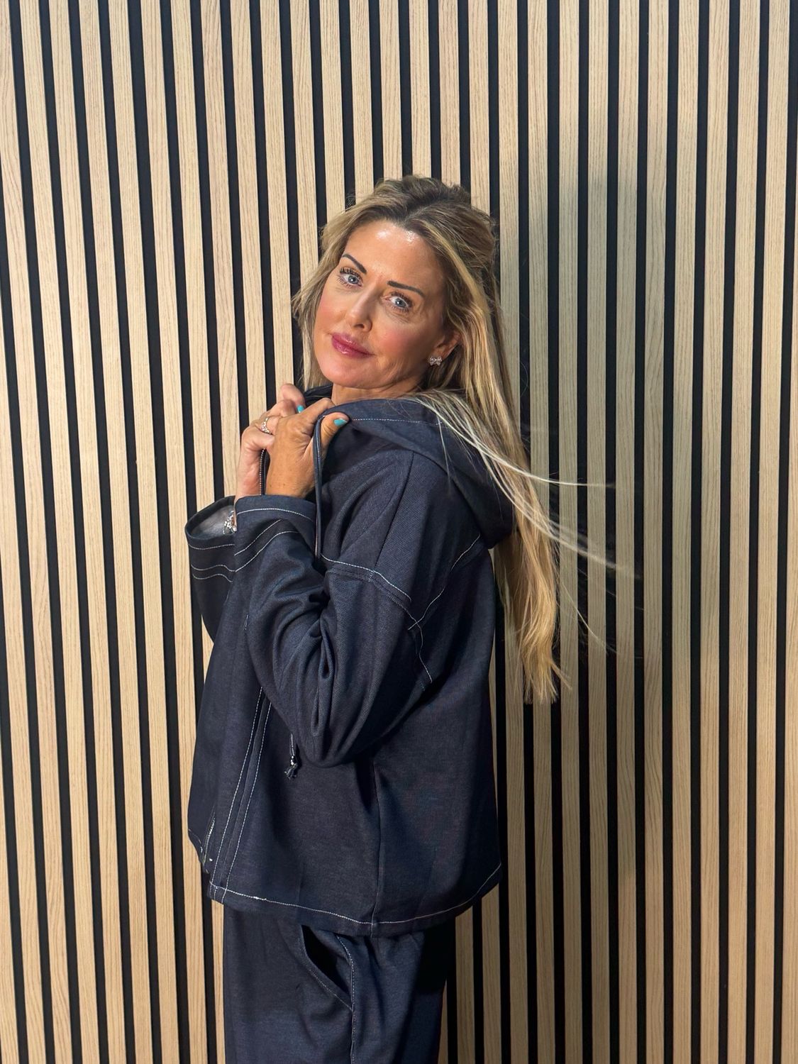 Contrast Stitch Zip Co-Ord Set - Denim Blue