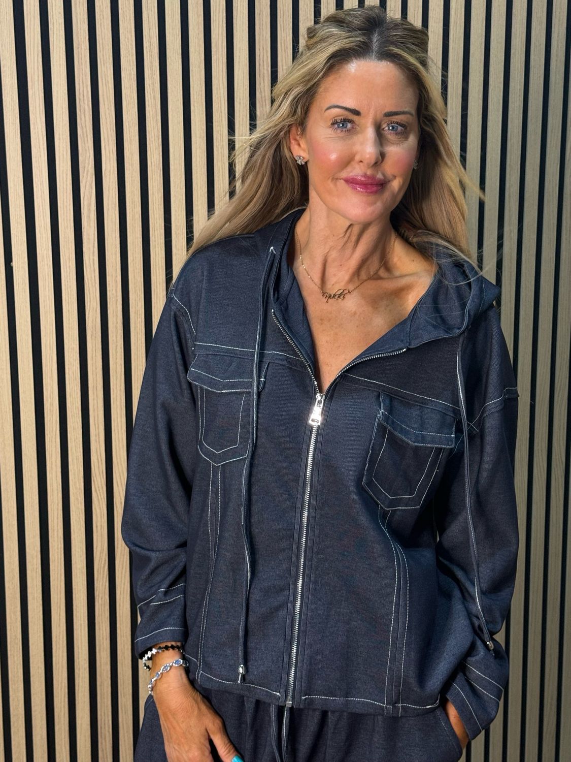 Contrast Stitch Zip Co-Ord Set - Denim Blue