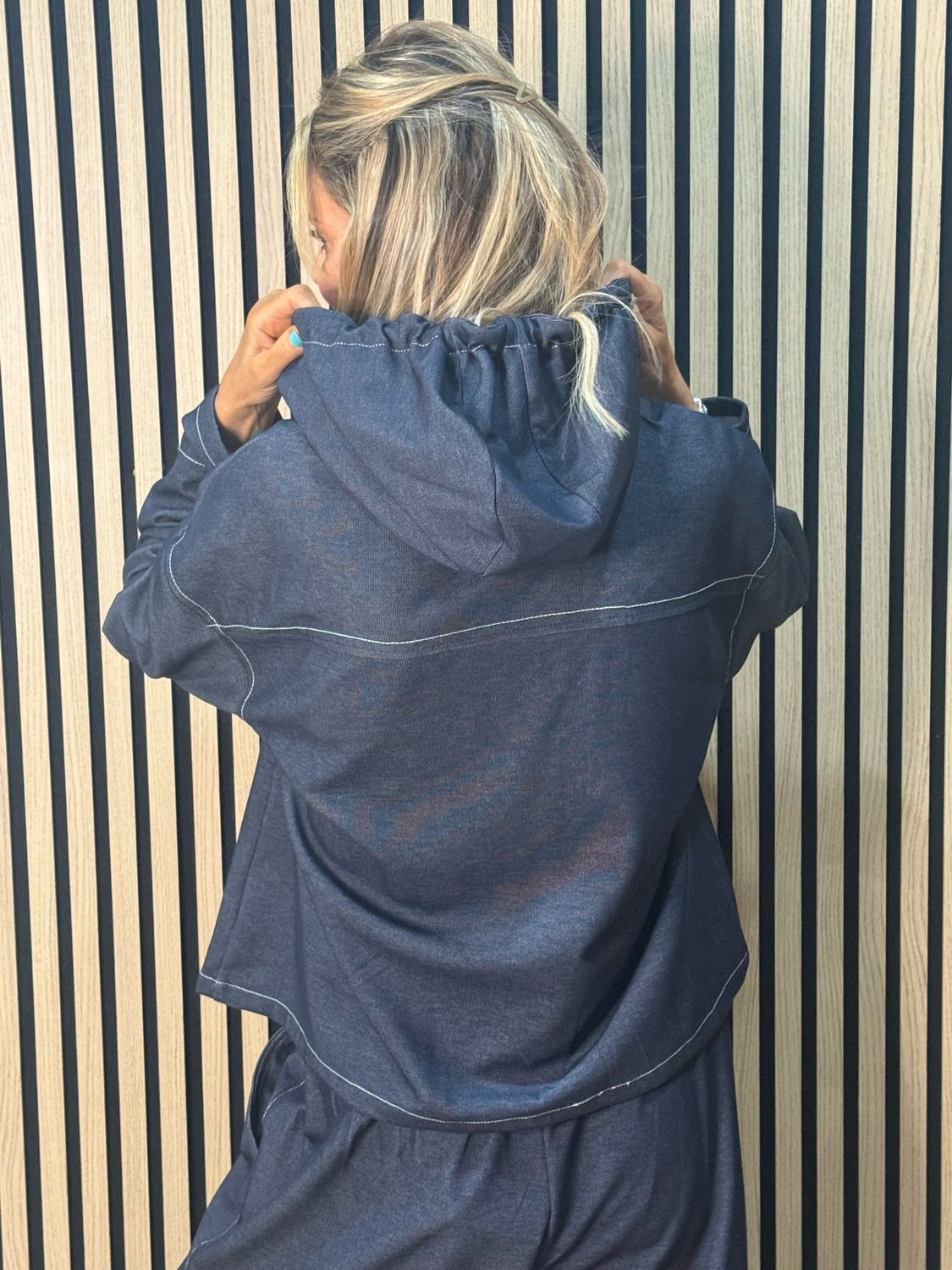 Contrast Stitch Zip Co-Ord Set - Denim Blue