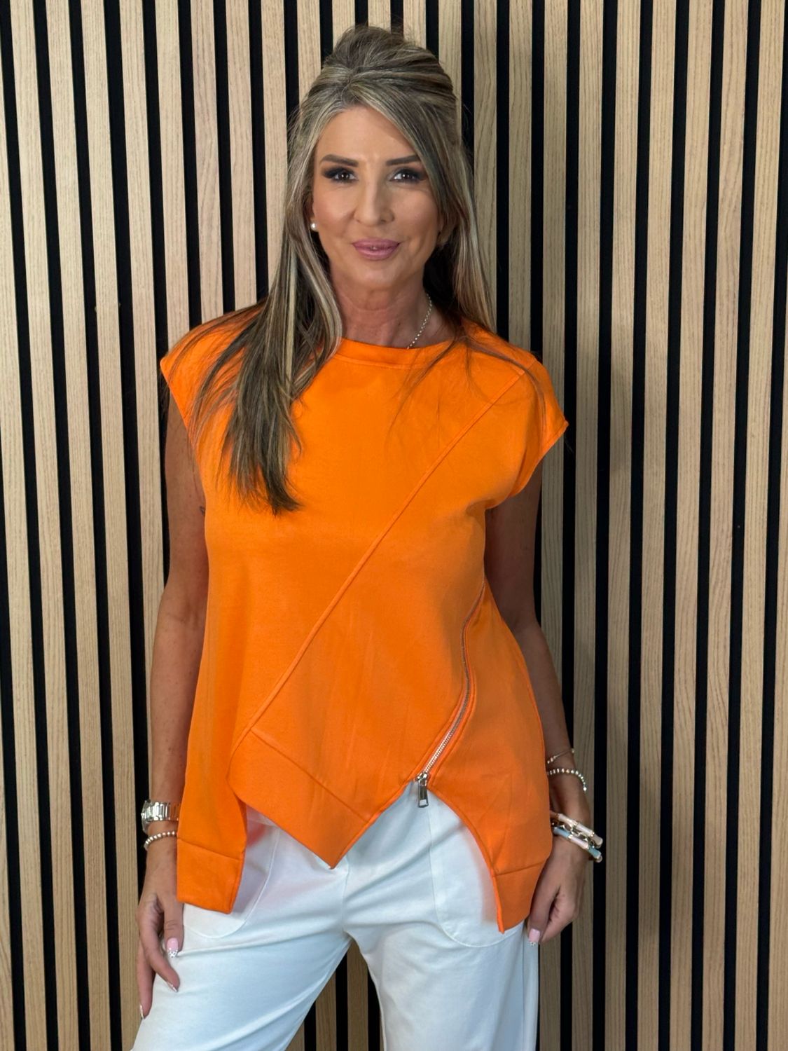 Asymmetric Zip Detail Top - Orange