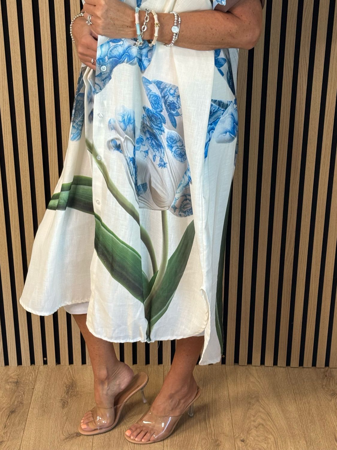 Floral Print Shirt Dress - Off White/Blue