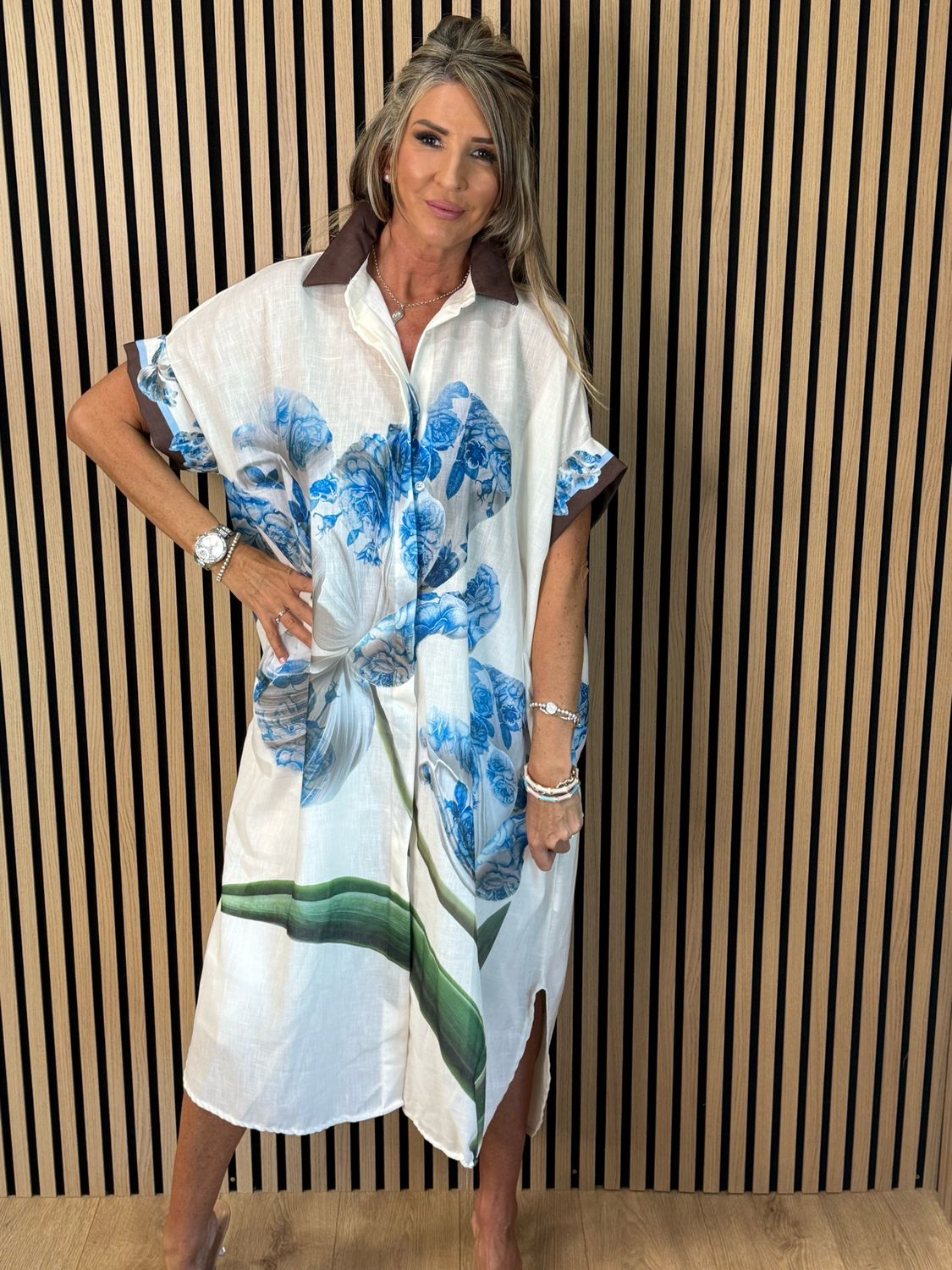 Floral Print Shirt Dress - Off White/Blue