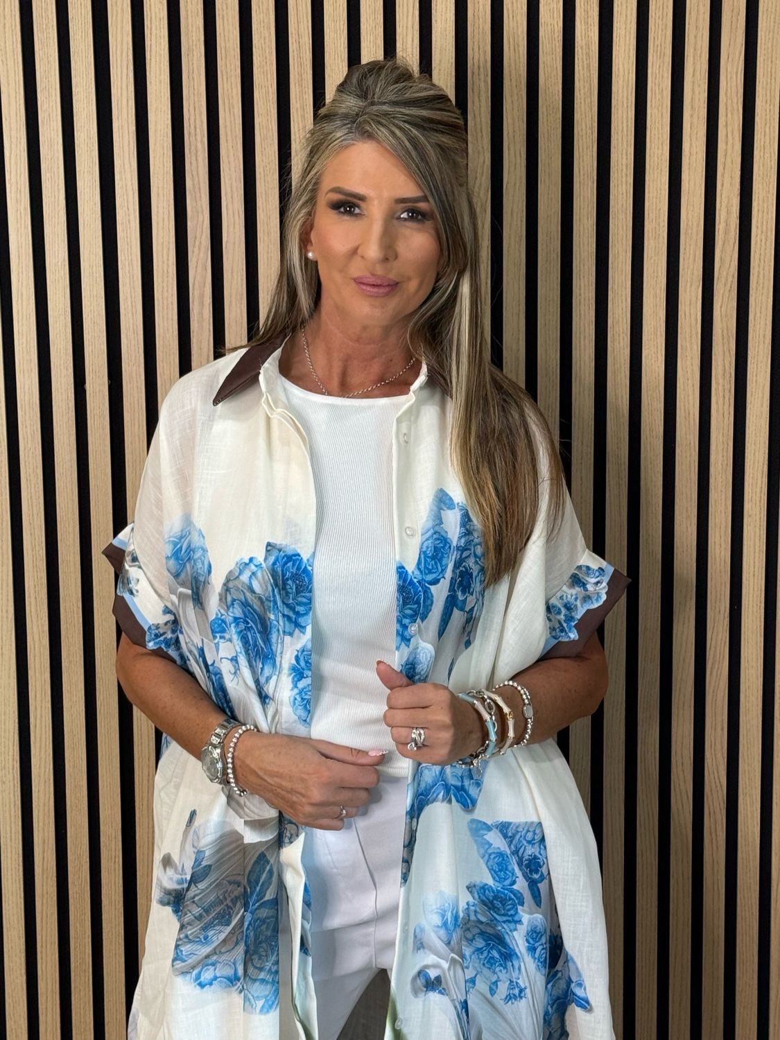 Floral Print Shirt Dress - Off White/Blue