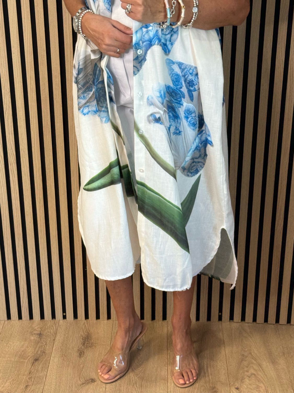 Floral Print Shirt Dress - Off White/Blue