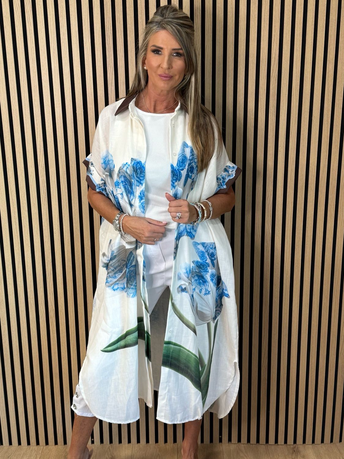 Floral Print Shirt Dress - Off White/Blue