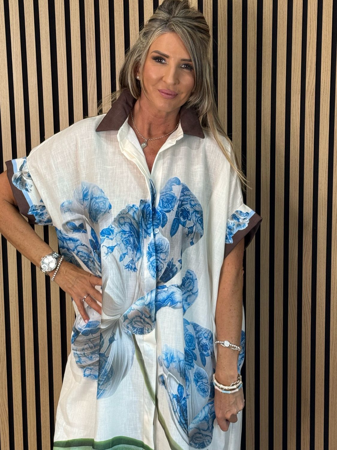 Floral Print Shirt Dress - Off White/Blue