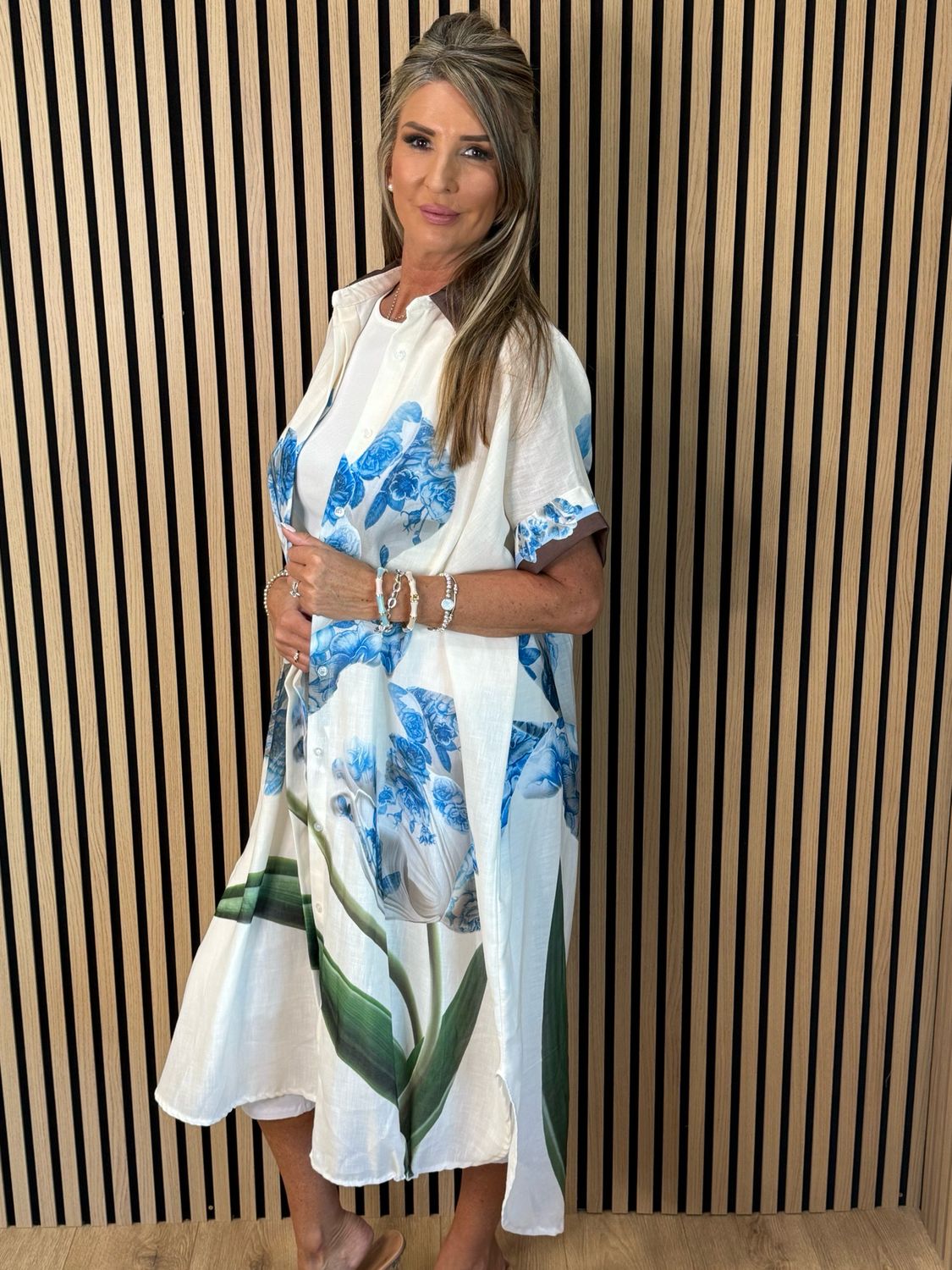 Floral Print Shirt Dress - Off White/Blue
