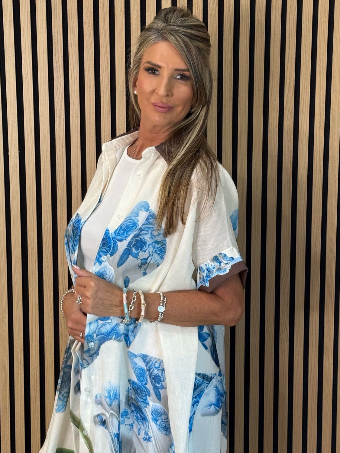 Floral Print Shirt Dress - Off White/Blue