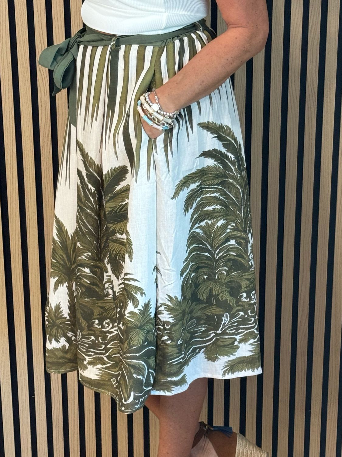 Tropical Print Tie Waist Skirt - Khaki