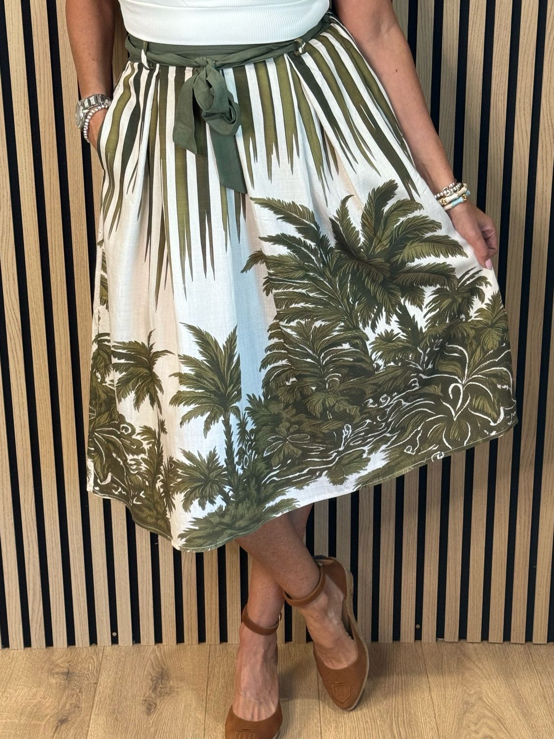 Tropical Print Tie Waist Skirt - Khaki