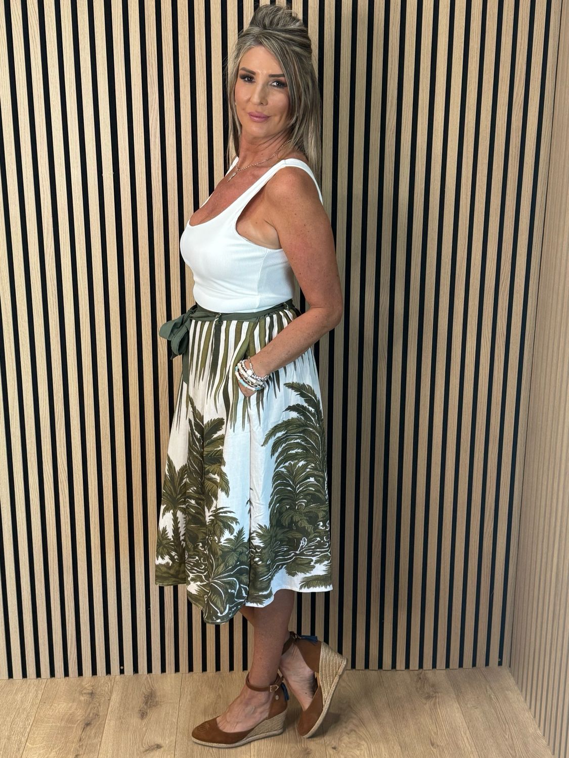 Tropical Print Tie Waist Skirt - Khaki