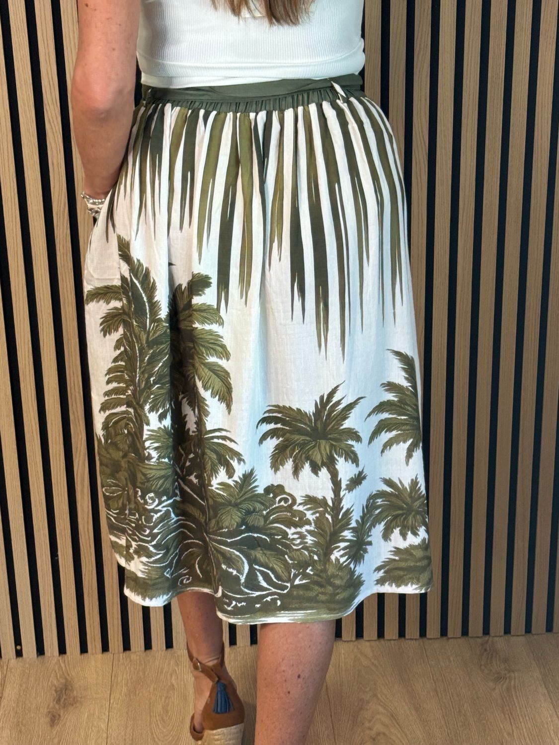 Tropical Print Tie Waist Skirt - Khaki