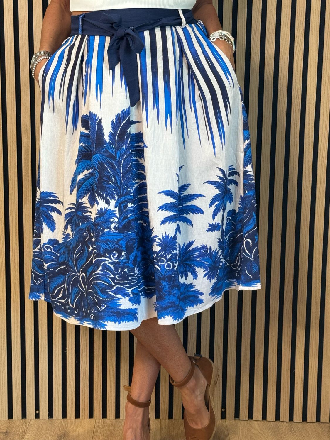 Tropical Print Tie Waist Skirt - Blue