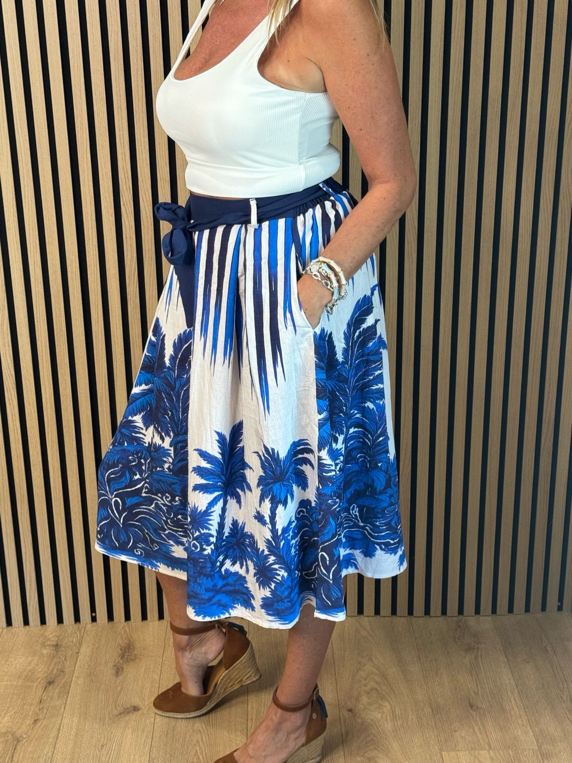Tropical Print Tie Waist Skirt - Blue
