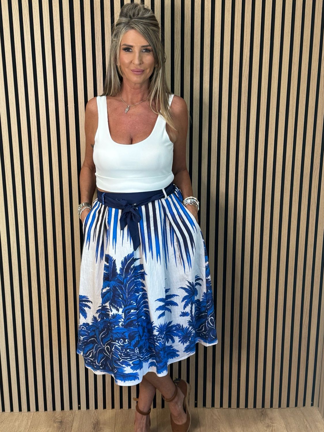 Tropical Print Tie Waist Skirt - Blue