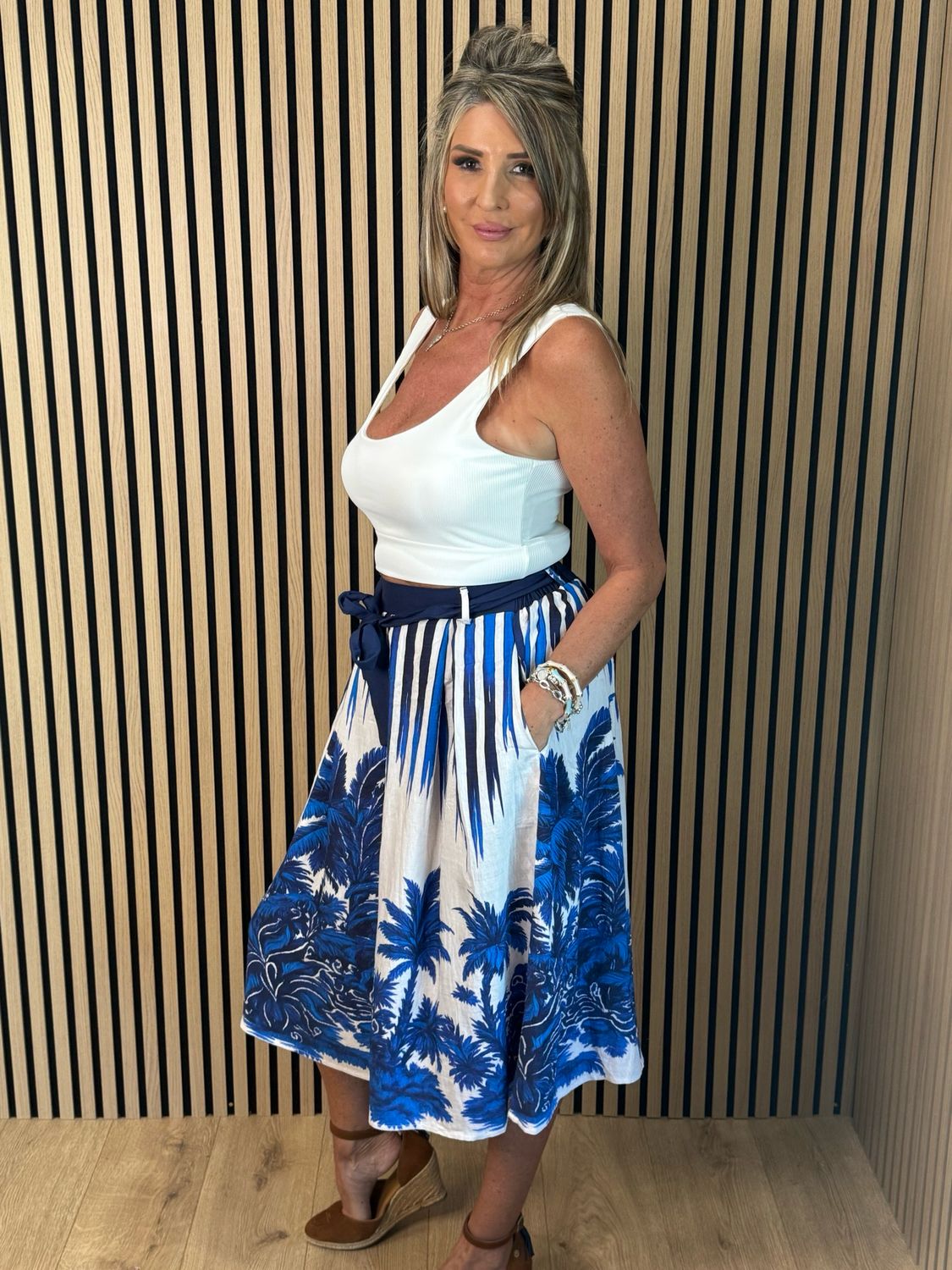 Tropical Print Tie Waist Skirt - Blue
