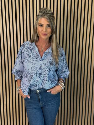 Embroidered Cotton Shirt - Denim Blue