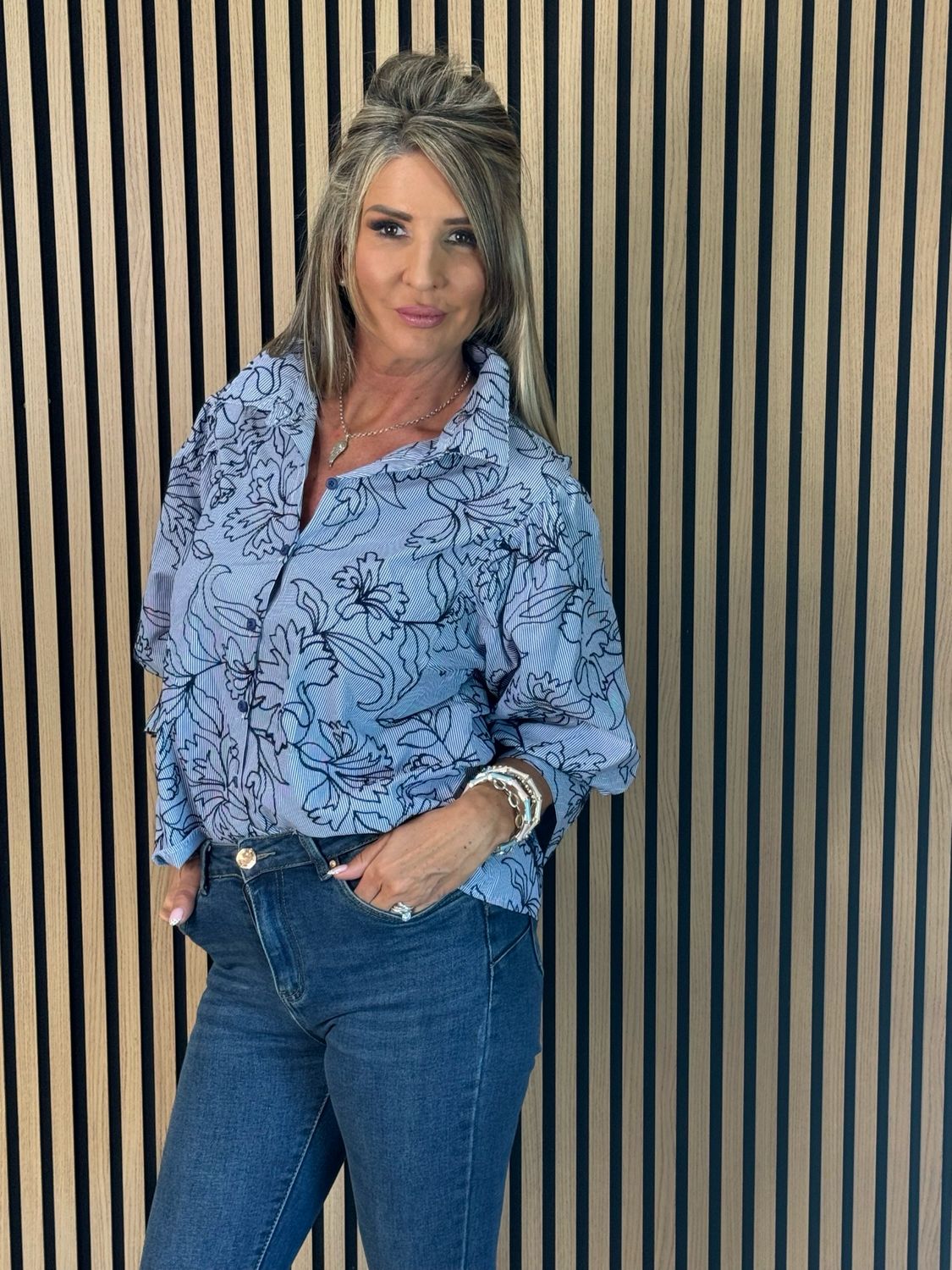 Embroidered Cotton Shirt - Denim Blue
