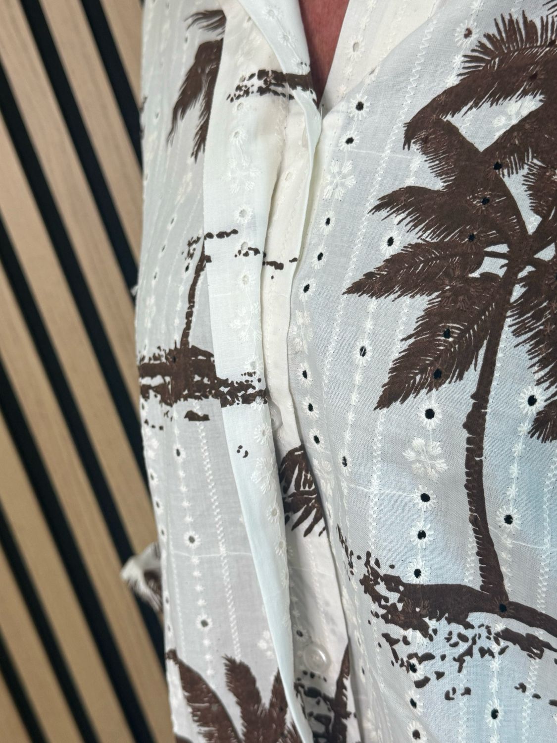 Palm Print Ruffle Cuff Blouse - Brown/White