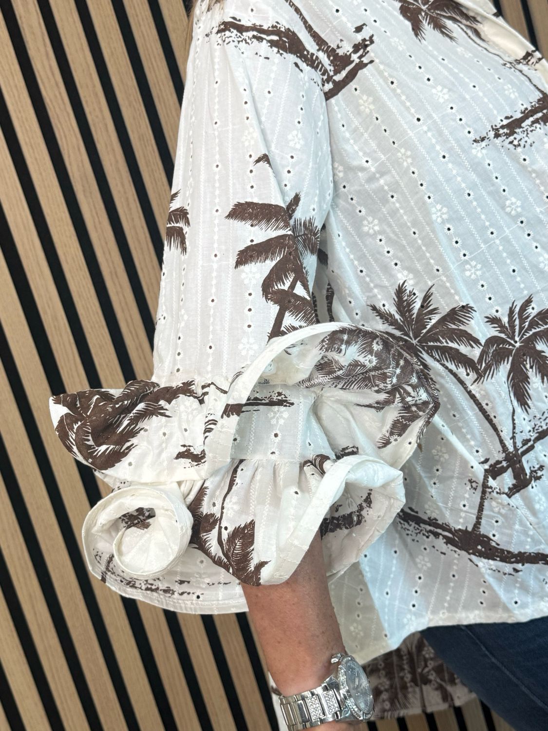 Palm Print Ruffle Cuff Blouse - Brown/White