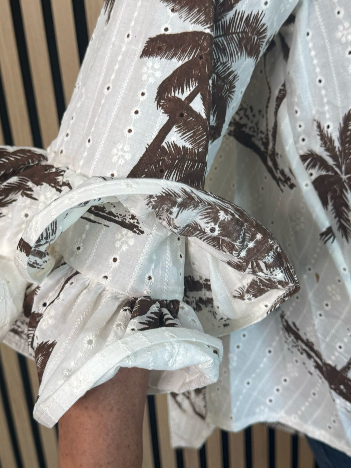 Palm Print Ruffle Cuff Blouse - Brown/White