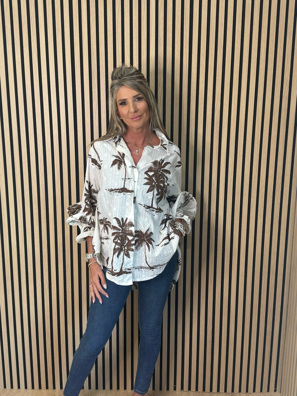 Palm Print Ruffle Cuff Blouse - Brown/White