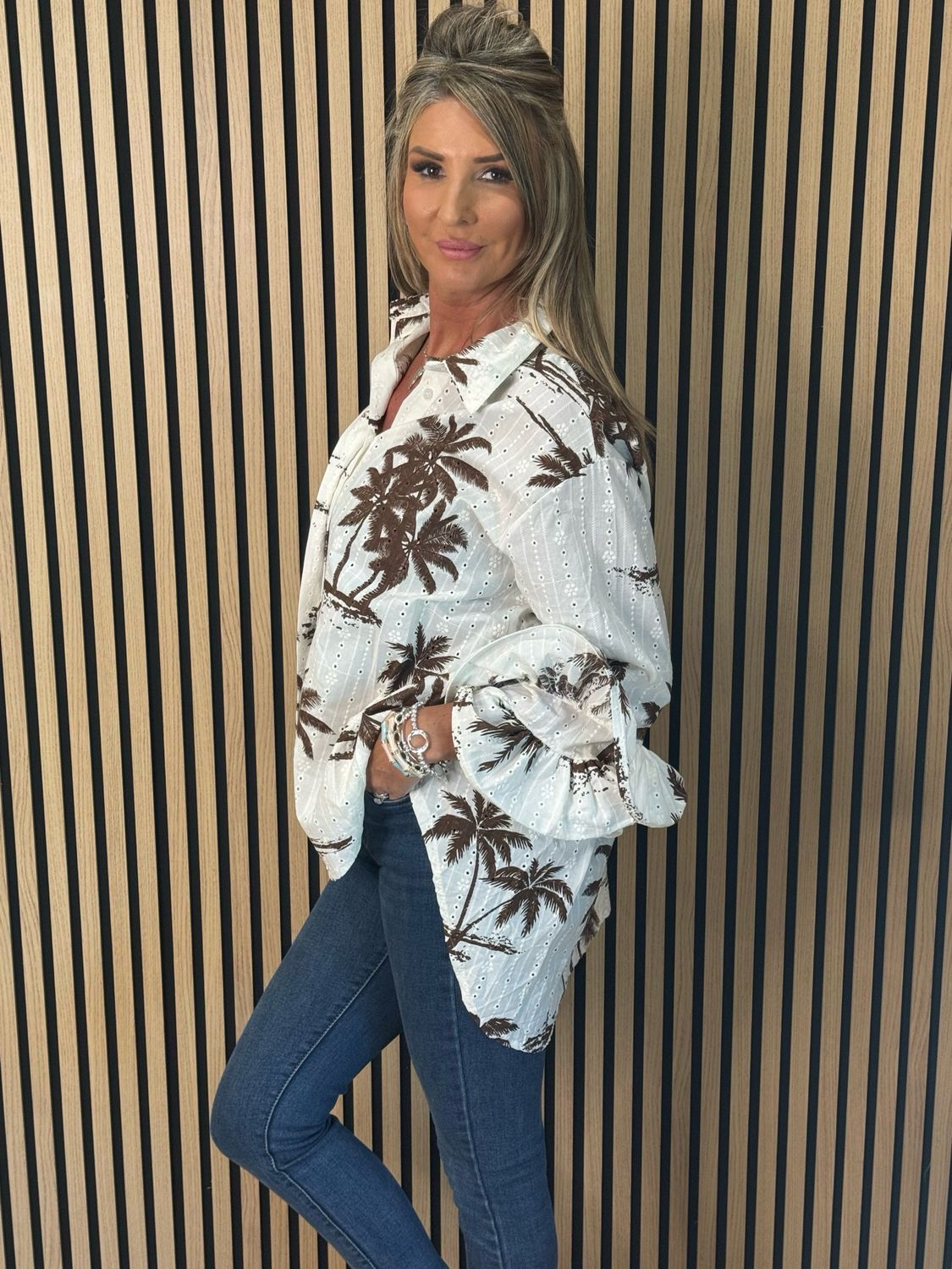 Palm Print Ruffle Cuff Blouse - Brown/White
