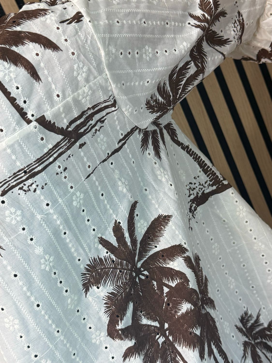 Palm Print Ruffle Cuff Blouse - Brown/White