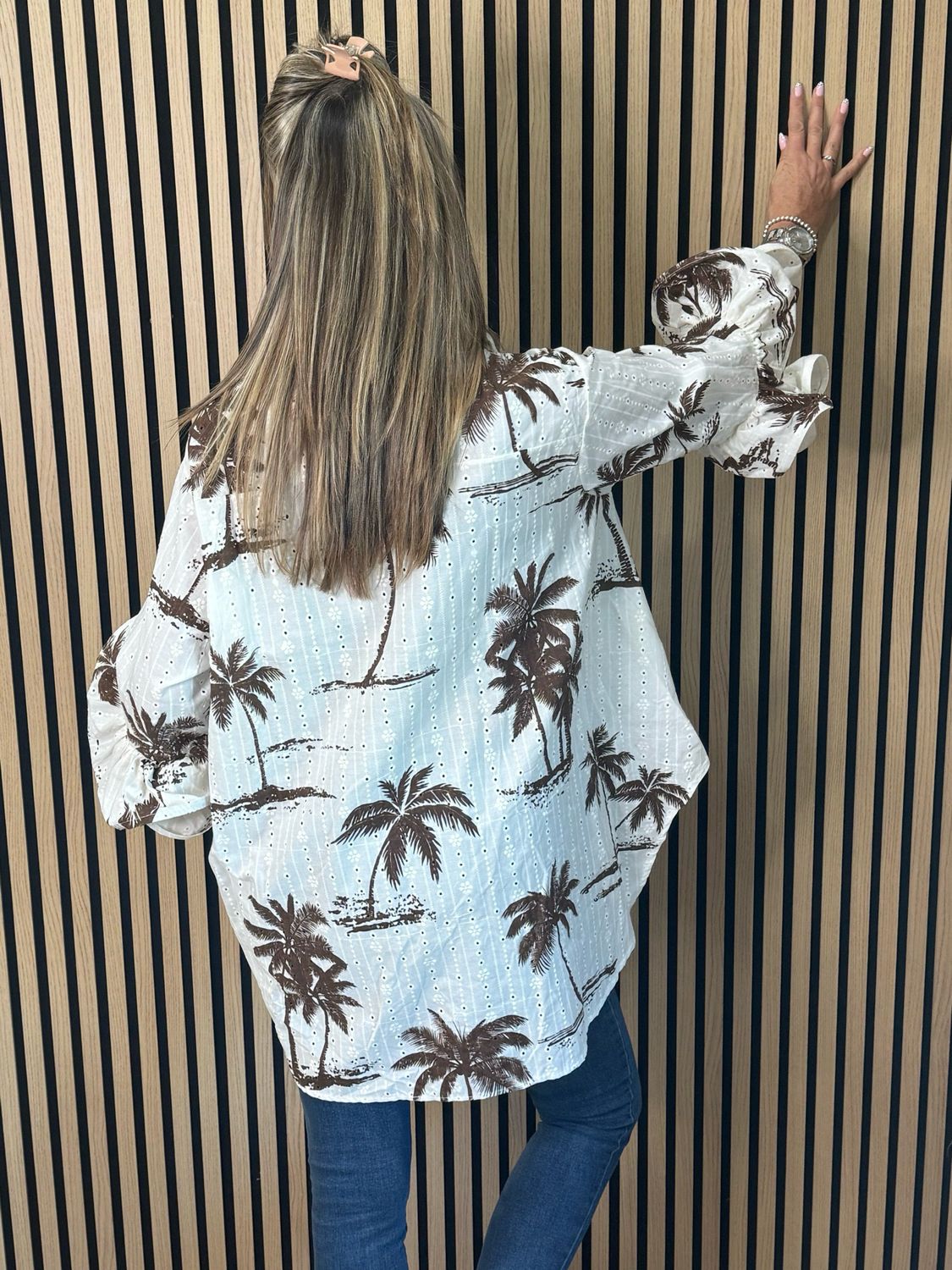 Palm Print Ruffle Cuff Blouse - Brown/White