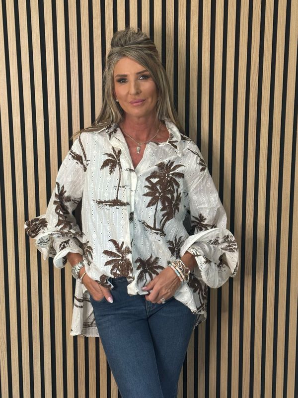 Palm Print Ruffle Cuff Blouse - Brown/White