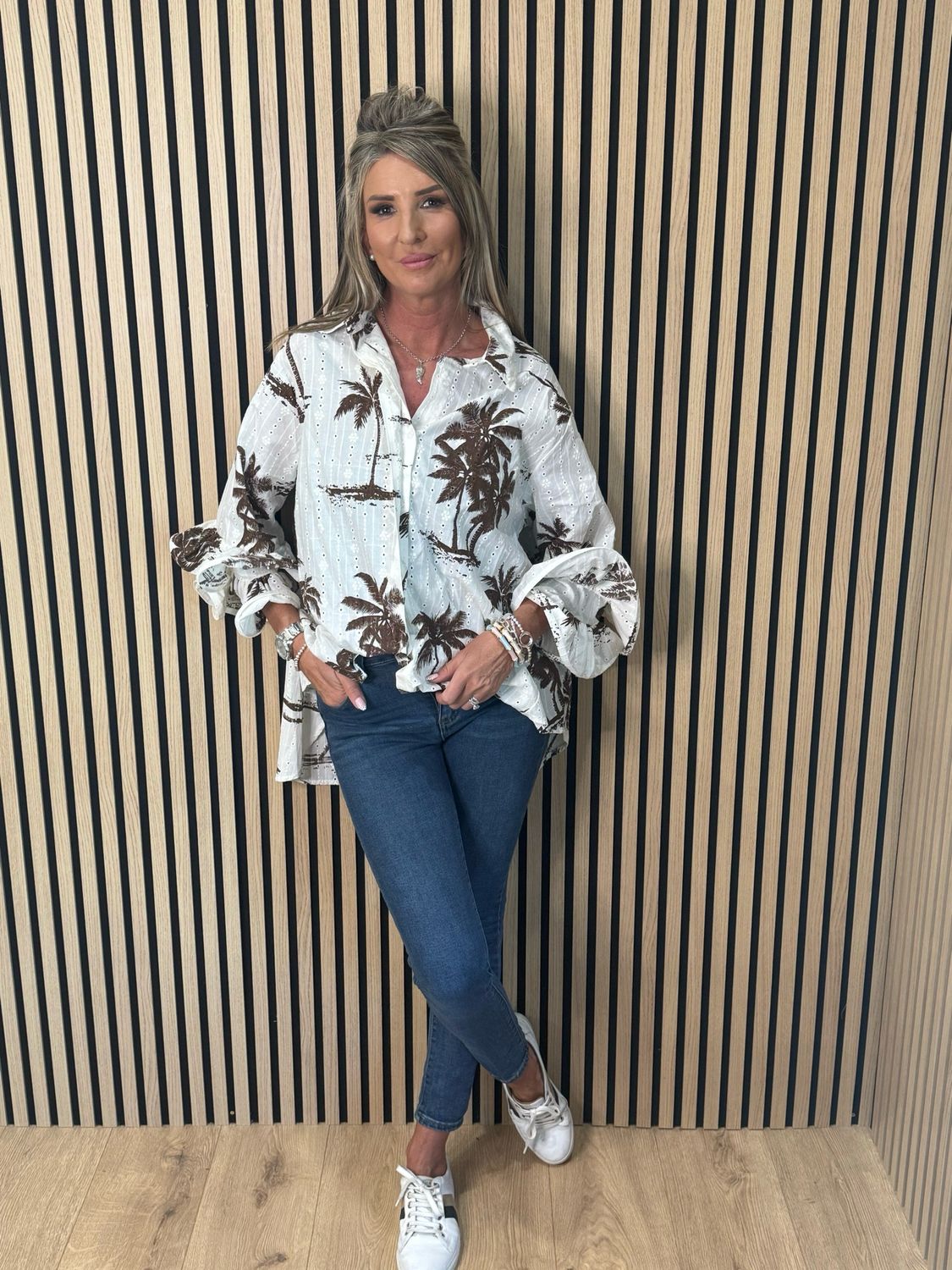 Palm Print Ruffle Cuff Blouse - Brown/White