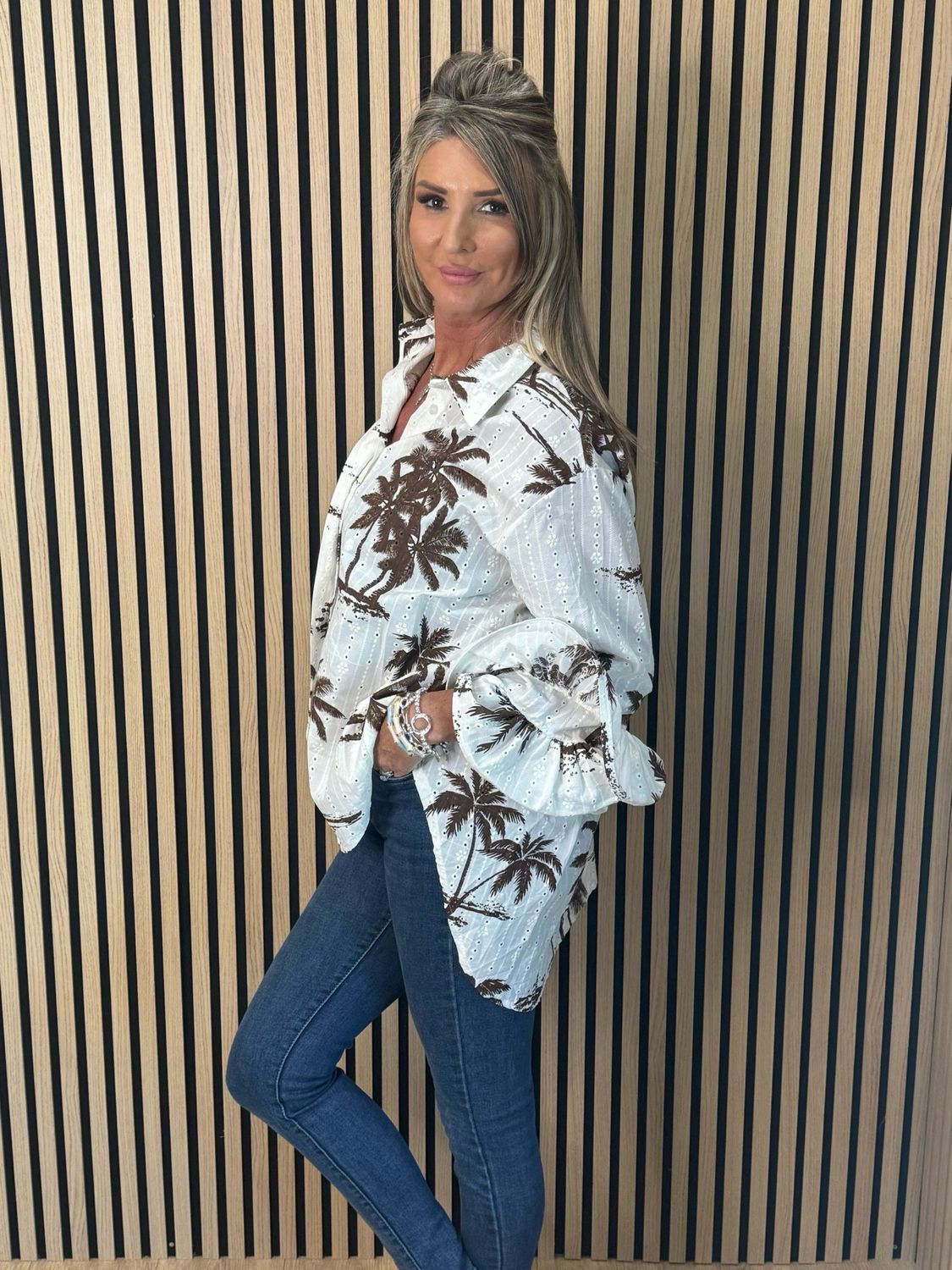 Palm Print Ruffle Cuff Blouse - Brown/White