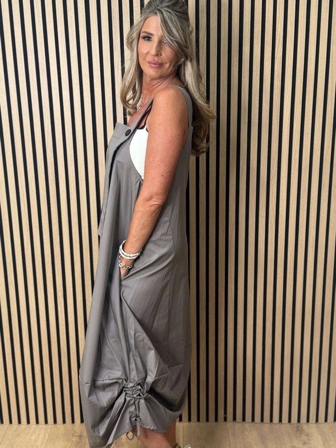 Cara Utility Pinafore Dress - Taupe