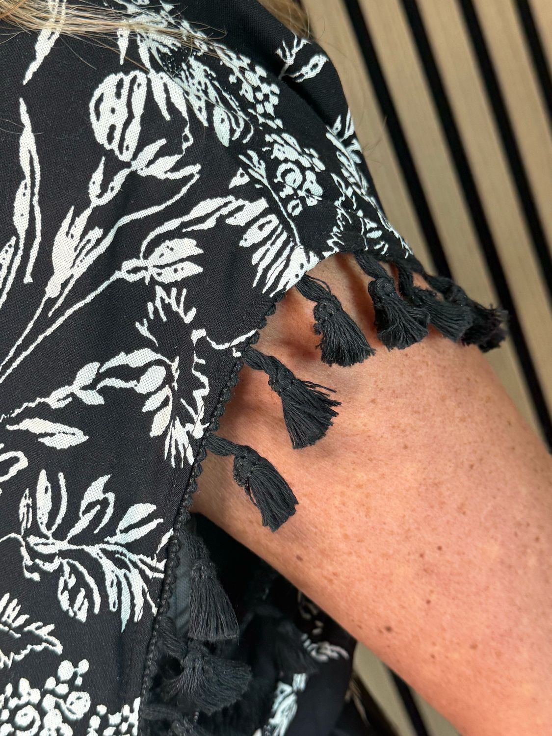 Floral Tassel Sleeve Dress - Black