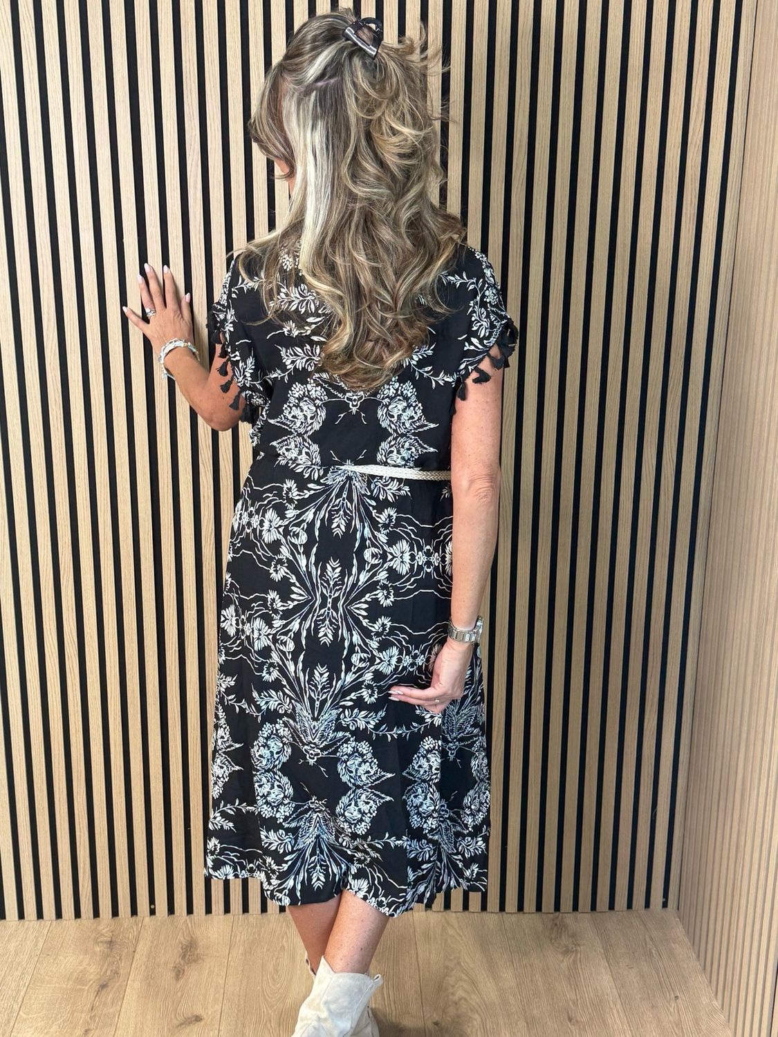 Floral Tassel Sleeve Dress - Black