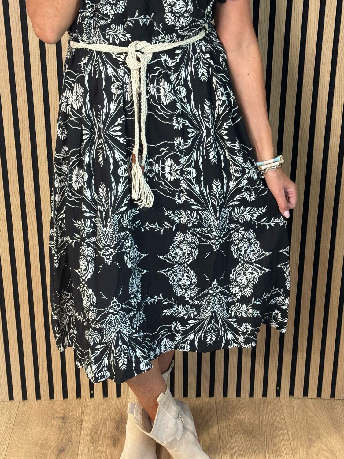 Floral Tassel Sleeve Dress - Black