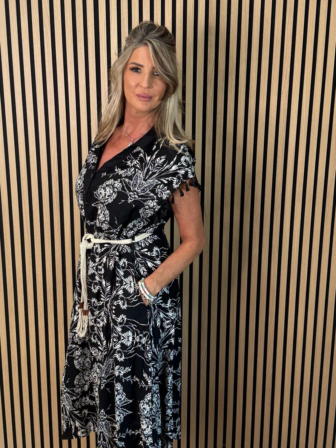 Floral Tassel Sleeve Dress - Black